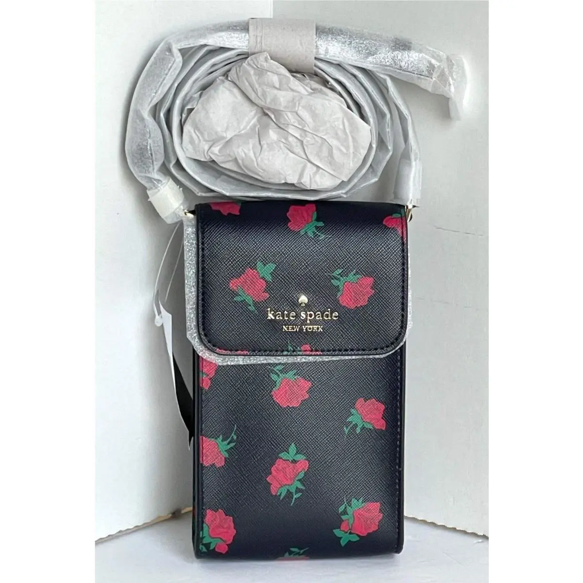 Kate Spade Madison Phone Crossbody Black Rose Toss Leather Bag