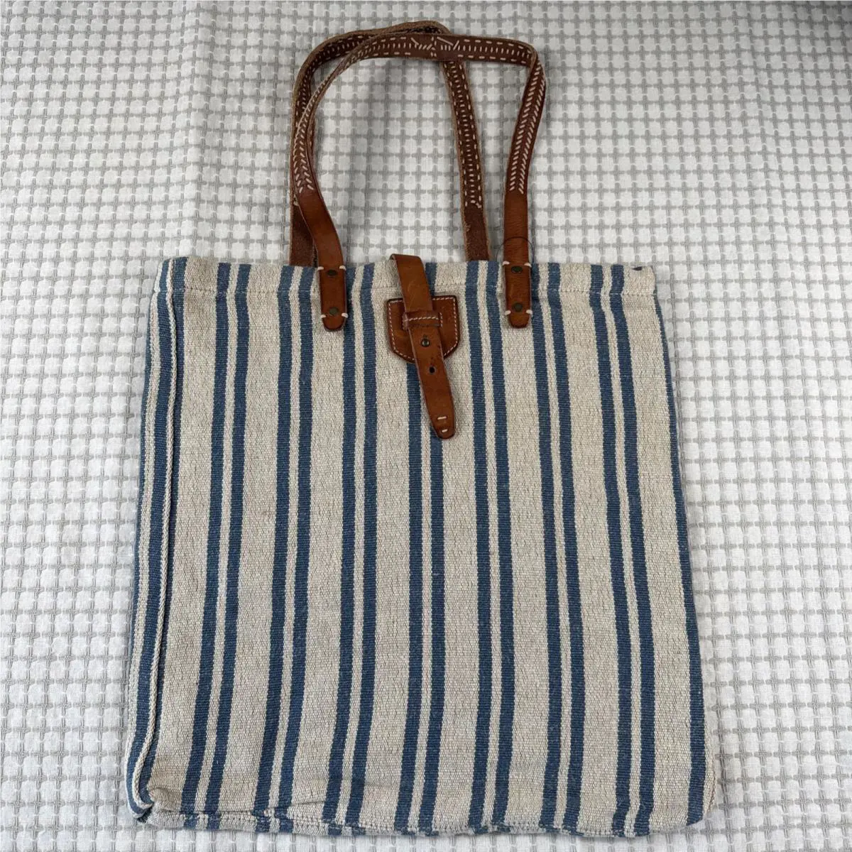 Ralph Lauren Rugby Blue Striped Leather Handles Trim Tote Bag w/ Tag