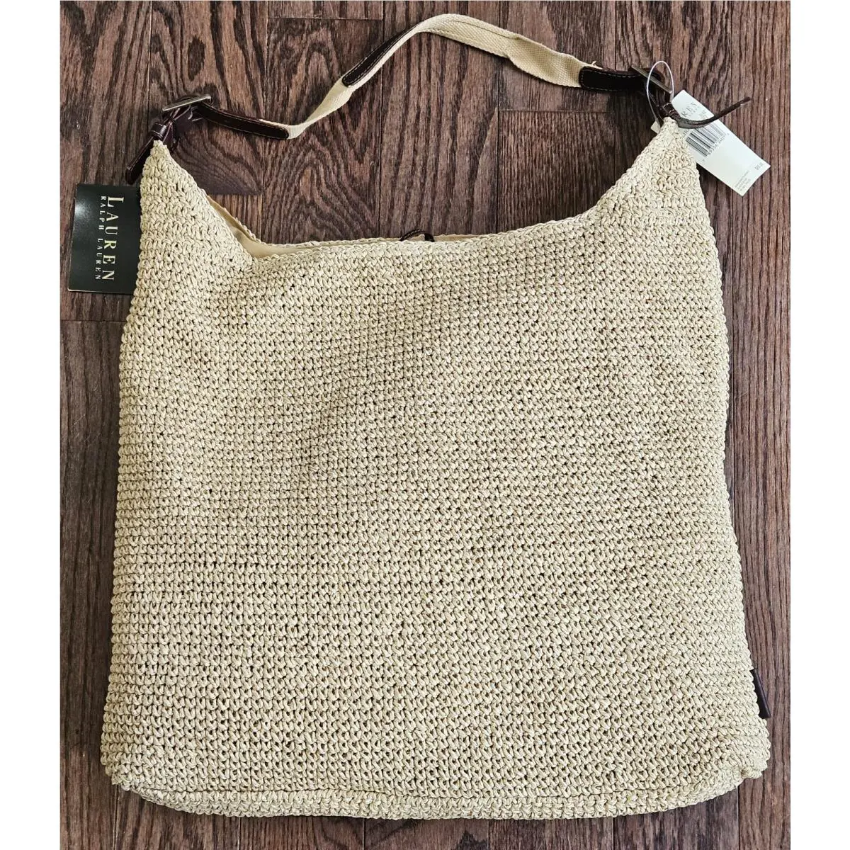 Y2k Ralph Lauren Women`s Large Leather Handle Basket Weave Beige Tote Bag
