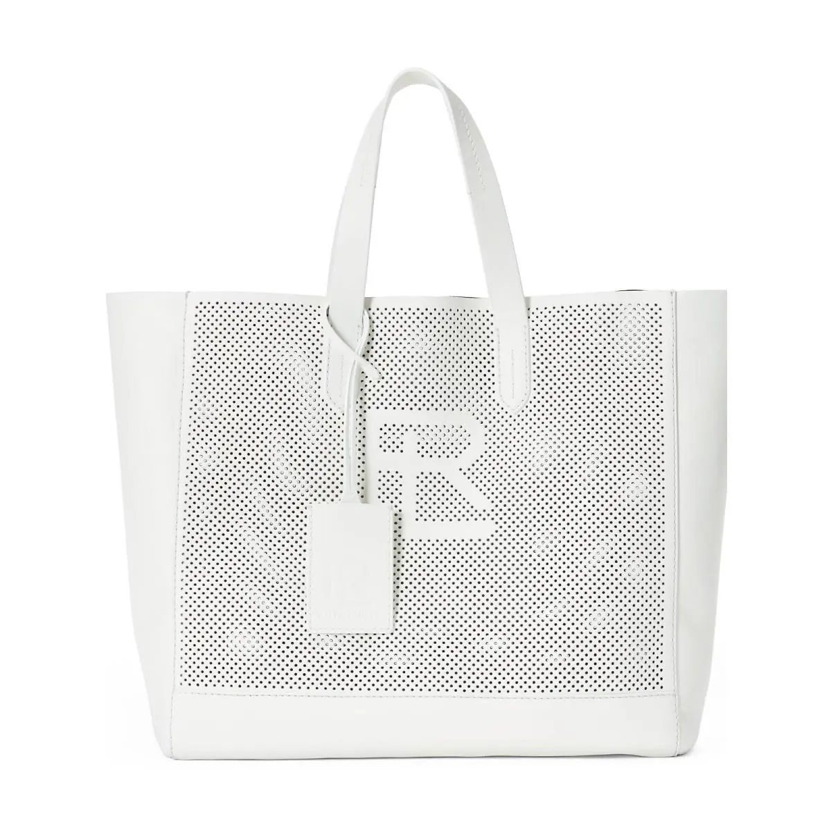Ralph Lauren Purple Label Perforated White Leather RL Tote Bag - White