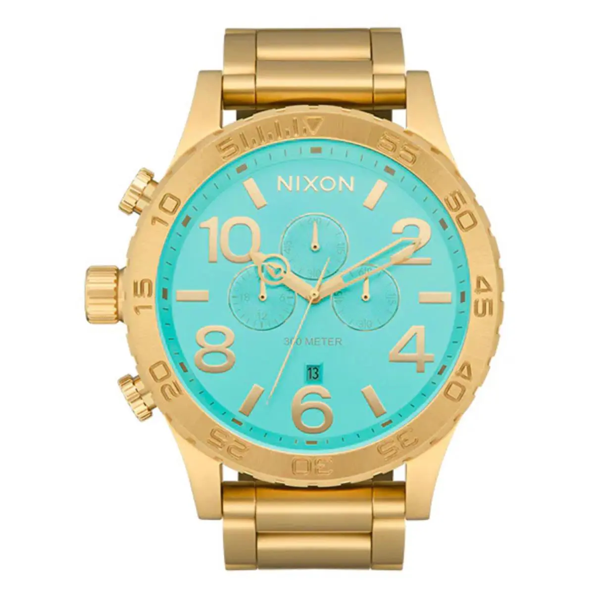 Nixon 51-30 Chrono A1389-5345-00 Men`s Gold Turquoise Analog Dial Watch JDM2418 - Dial: Blue, Band: Blue, Gold, Bezel: Gold