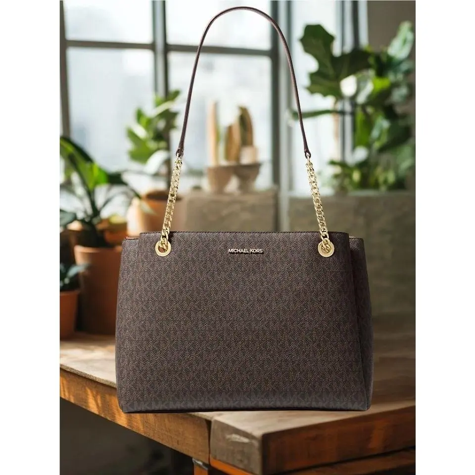 Soho Women Medium Signature Logo Chain Shoulder Tote Bag Handbag MK BROWN by Michael Kors