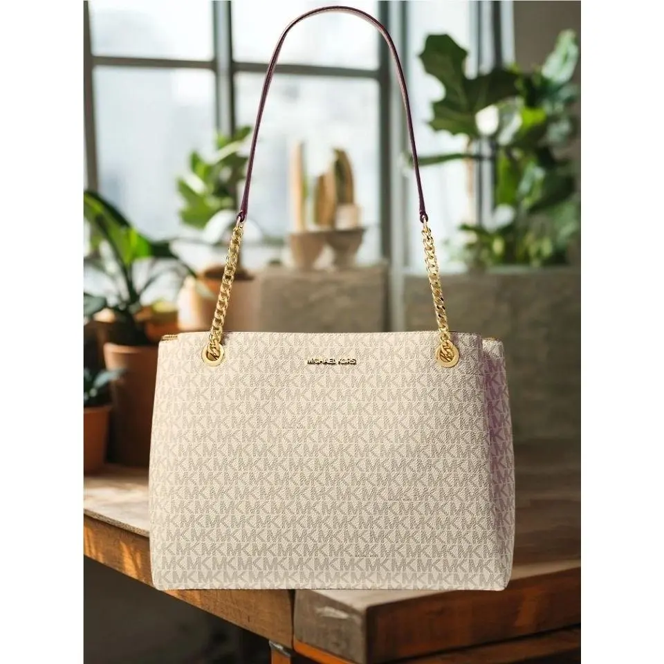 Soho Women Medium Signature Logo Chain Shoulder Tote Bag Handbag MK VANILLA by Michael Kors