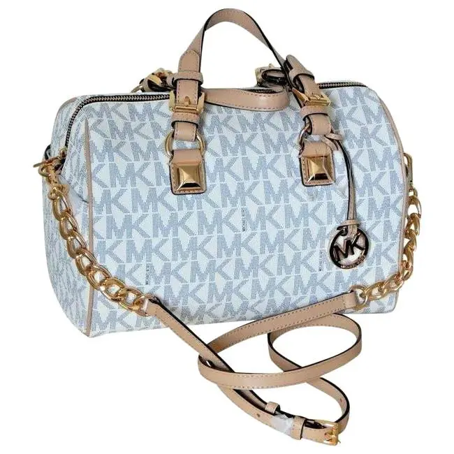 Michael Kors Grayson White Navy Blue MK Logo Monogram Medium Satchel Bag