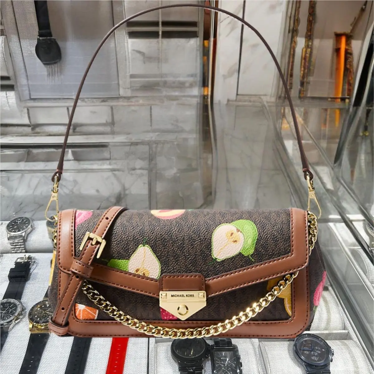 Soho Women Small Printed Logo Convertible Crossbody Bag Handbag MK BROWN by Michael Kors
