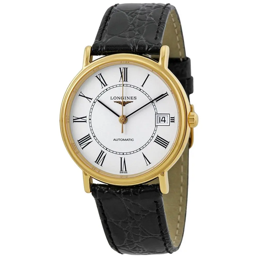 Longines Presence Automatic Yellow Gold Pvd Black Leather Mens Watch L48212112 - Dial: White, Band: Black, Bezel: Gold