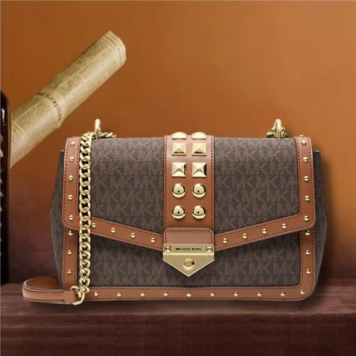 Soho Women Large Studded MK Logo Chain Shoulder Purse Bag Variation BROWN by Michael Kors