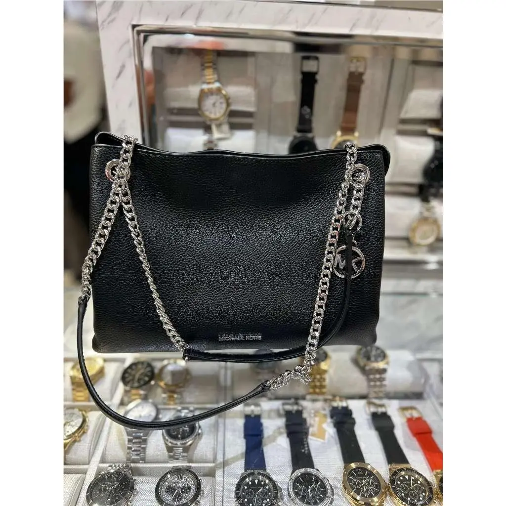 Christina Women Medium Logo Chain Messenger Crossbody Bag Handbag BLACK by Michael Kors