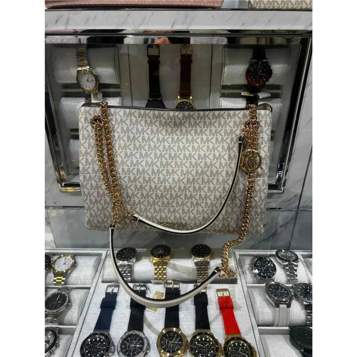Christina Women Medium Logo Chain Messenger Crossbody Bag Handbag LIGHT CREAM MULTI by Michael Kors