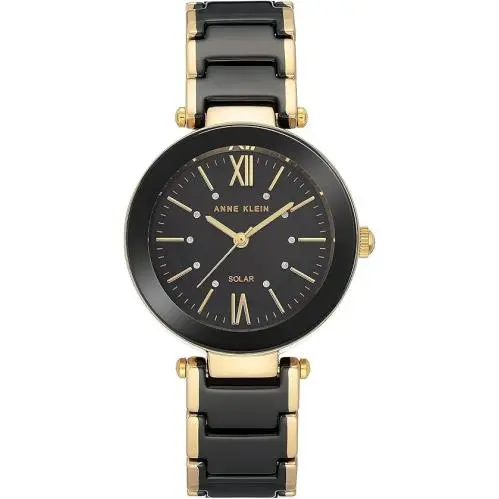Anne Klein AK/3844BK Women`s Solar Watch Black Dial Gold Plated Ceramic Bracelet