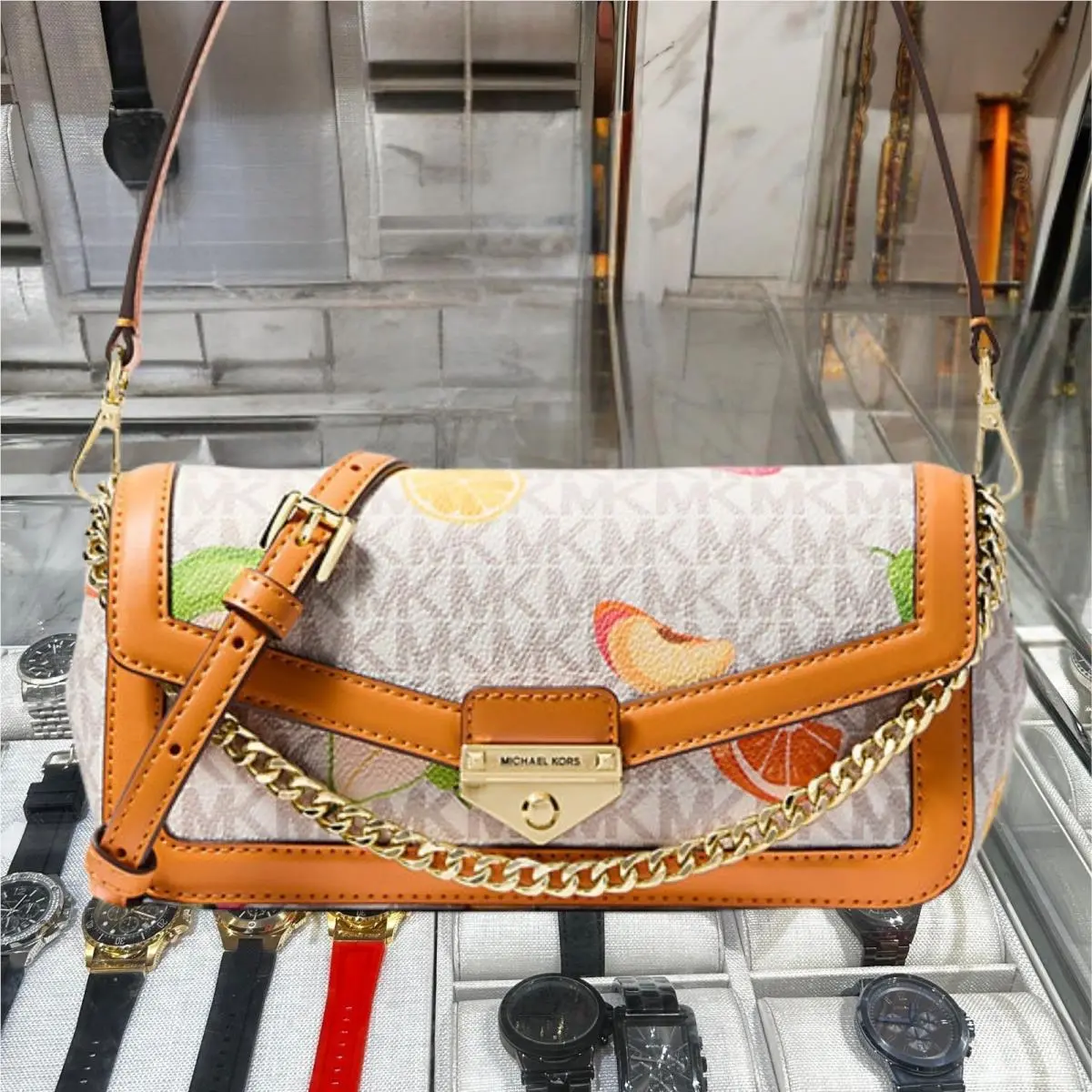 Michael Kors Soho Women SM Printed Logo Convertible Crossbody Bag Radiant Orange