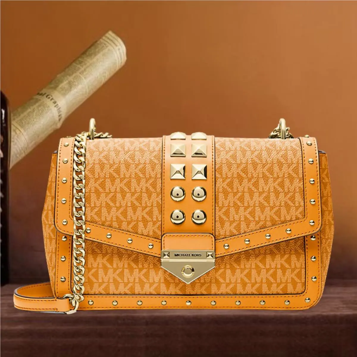 Michael Kors Soho Women Large Studded MK Logo Chain Shoulder Bag Radiant Orange