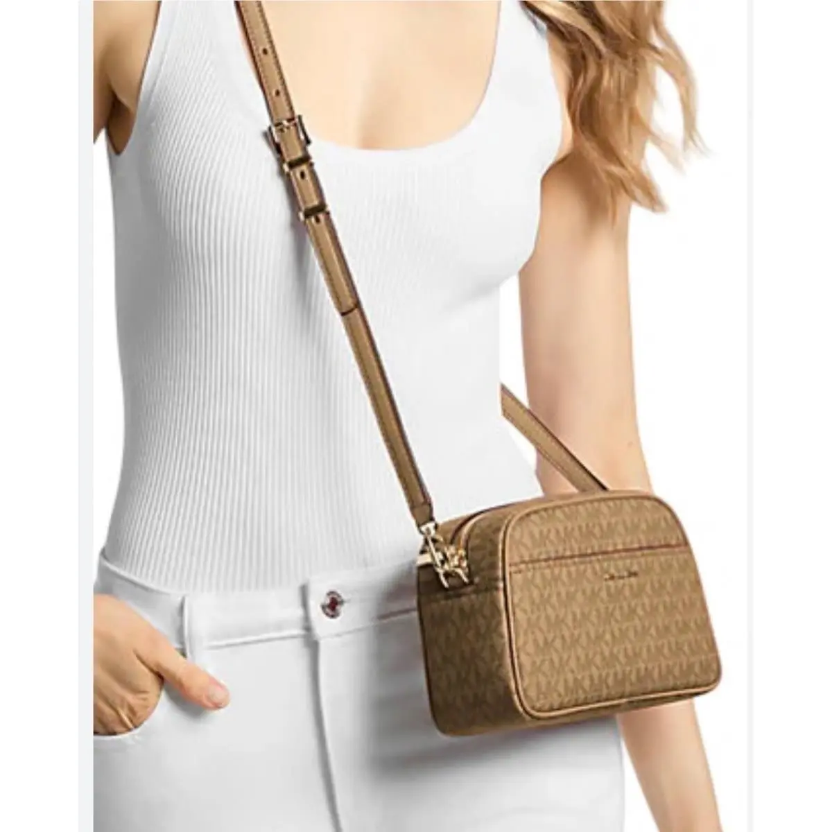 Michael Kors Jet Set Small Camera Crossbody Bag Husk Logo Canvas 32F5GJ6C5V