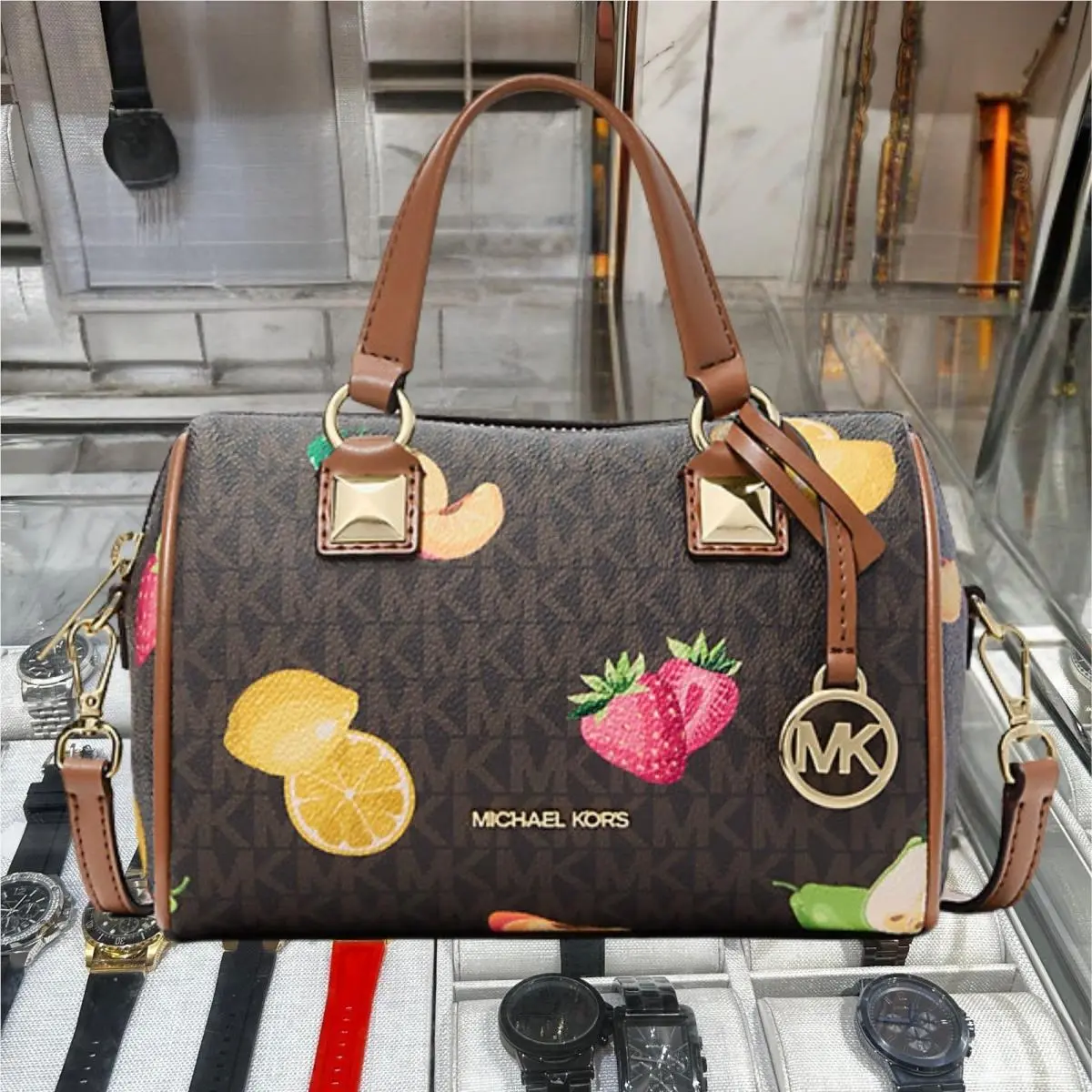 Grayson Women Small Printed Logo Duffel Crossbody Handbag Brown by Michael Kors