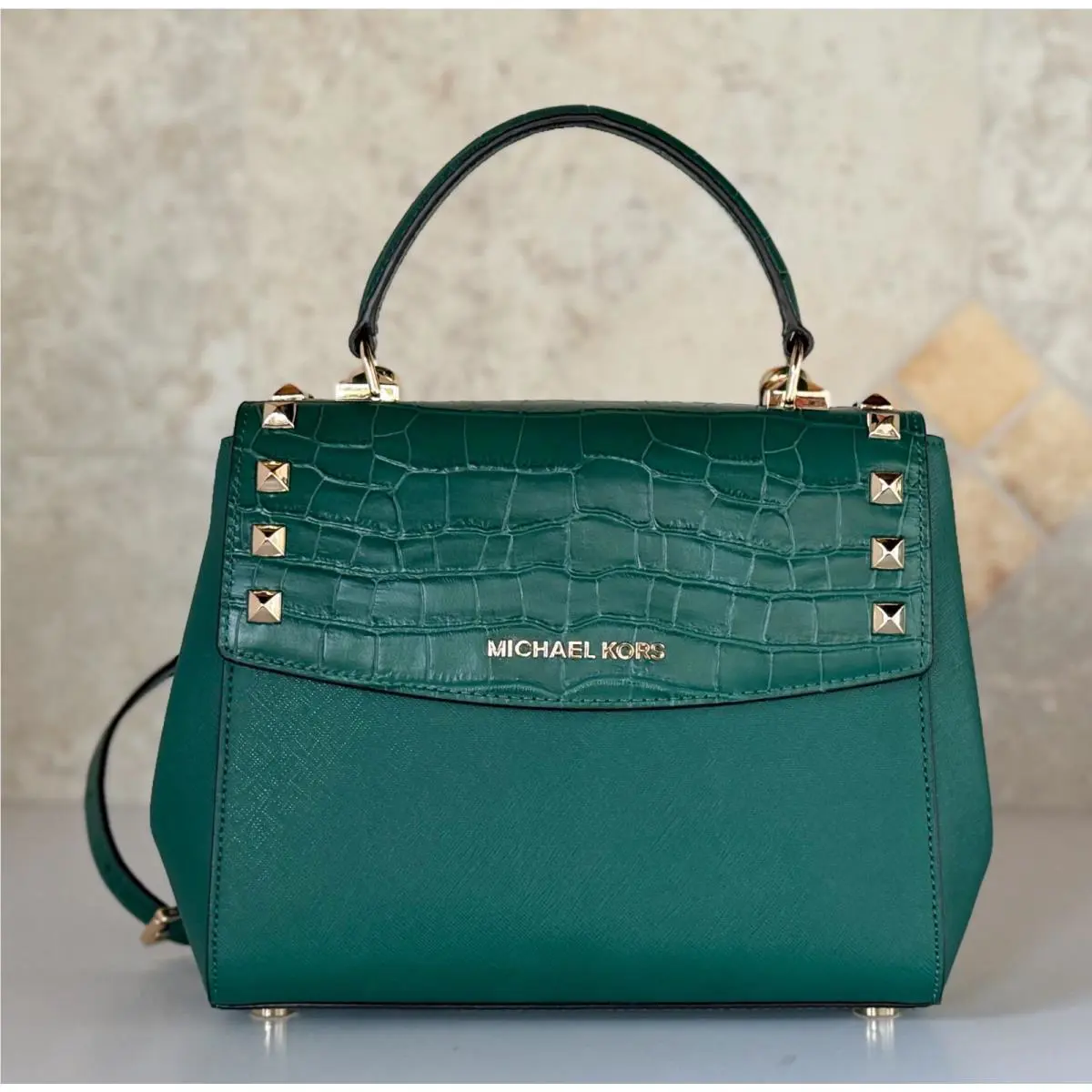 Michael Kors Karla Top Handle Satchel Shoulder Bag Exotic Green Emerald