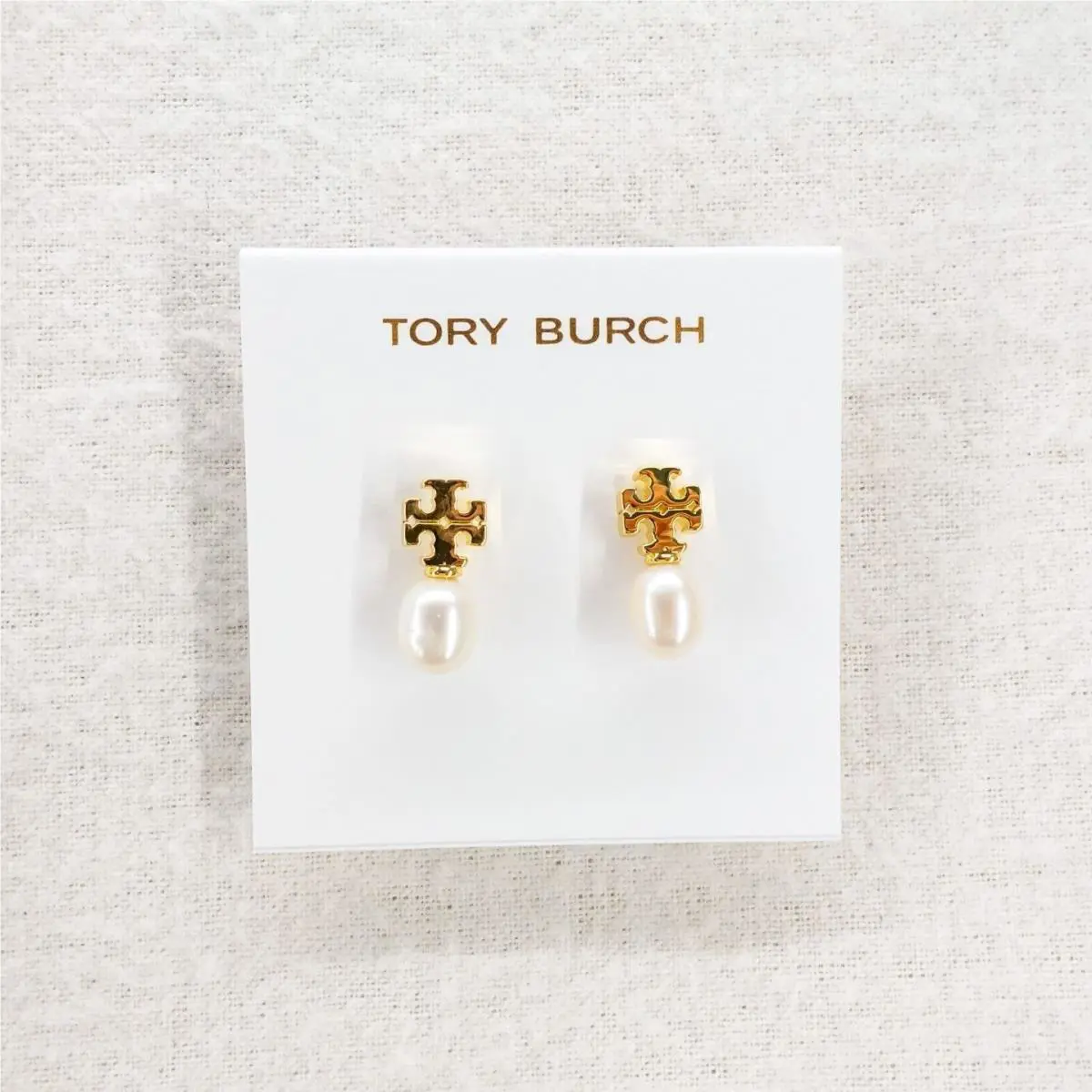 Tory Burch Pearl Logo Drop Earrings Ivory Gold OS