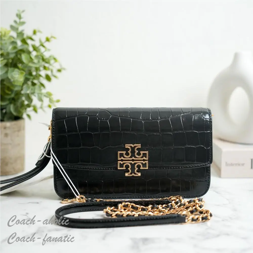 Tory Burch Britten Chain Wallet Crossbody in Croc-embossed Leather Black