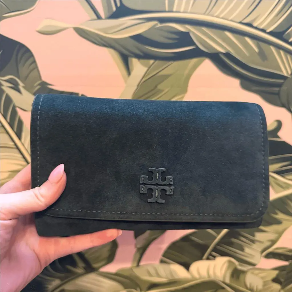 Tory Burch Thea Flat Wallet Crossbody Suede in Warm Teal 170107