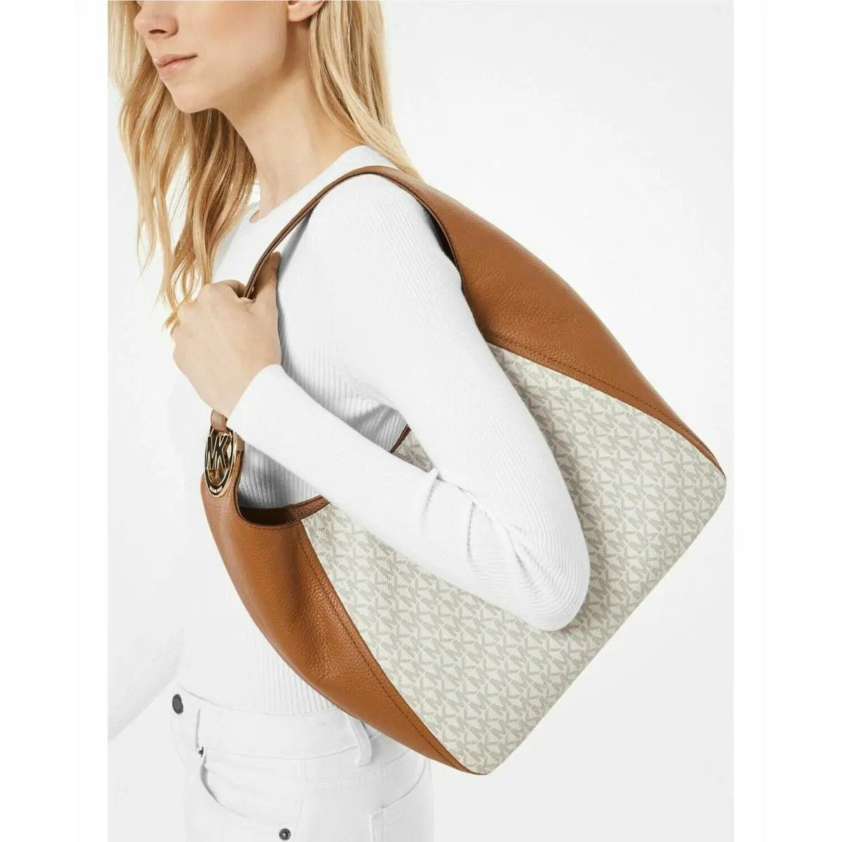 Michael Kors Fulton Signature Vanilla/acorn Large Hobo Shoulder Bag