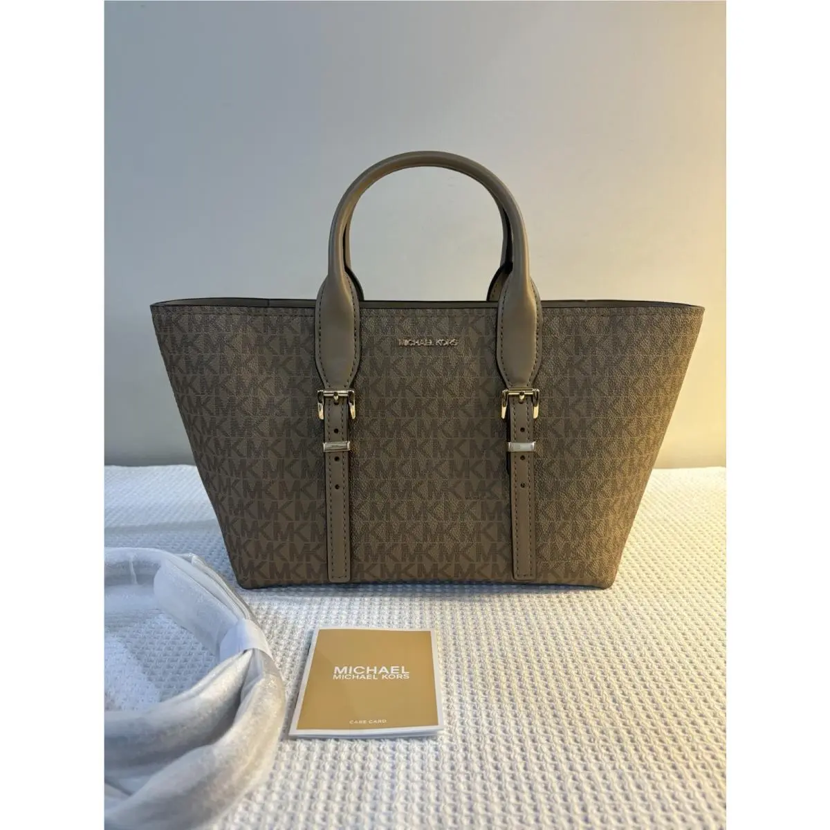 Michael Kors Moore Small Satchel Bag In Logo Husk Brown Buckle Detail