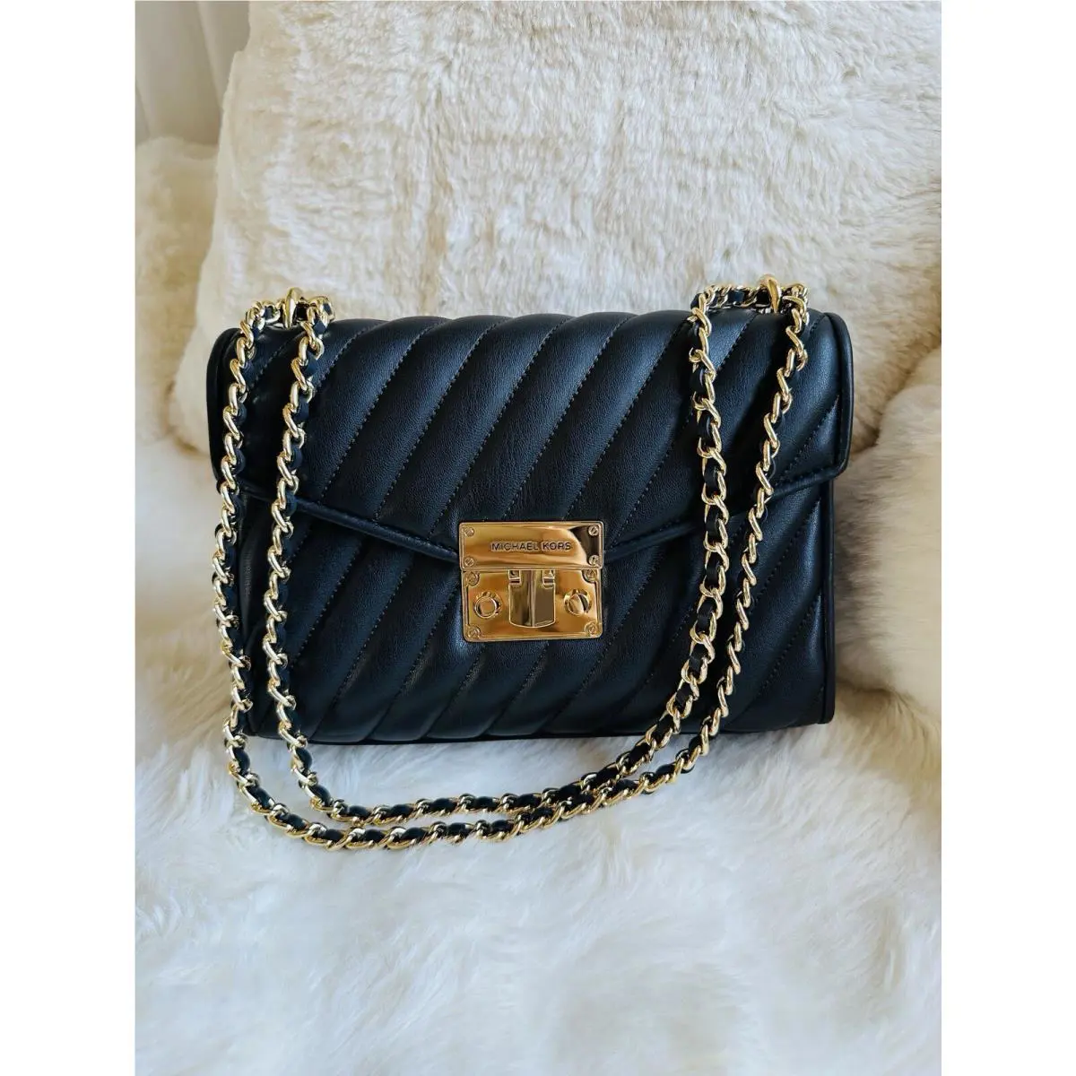 Michael Kors MK Medium Rose Quilted Leather MD Shoulder Flap Bag Black