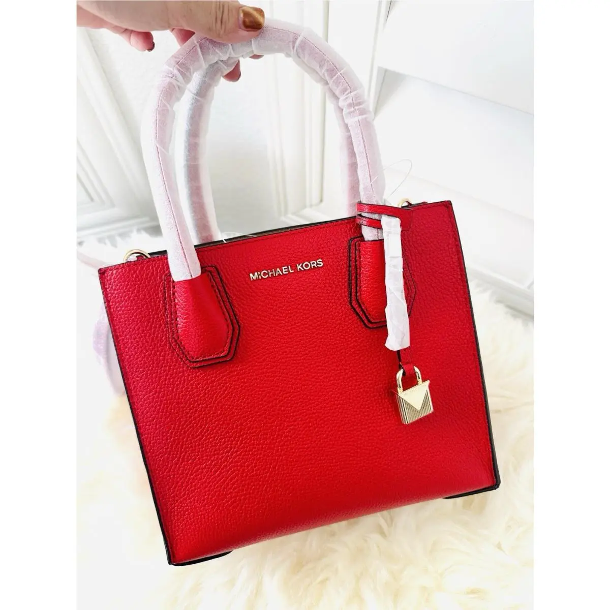 Michael Kors Mercer Medium Bright Red/gold Leather Messenger Crossbody Bag