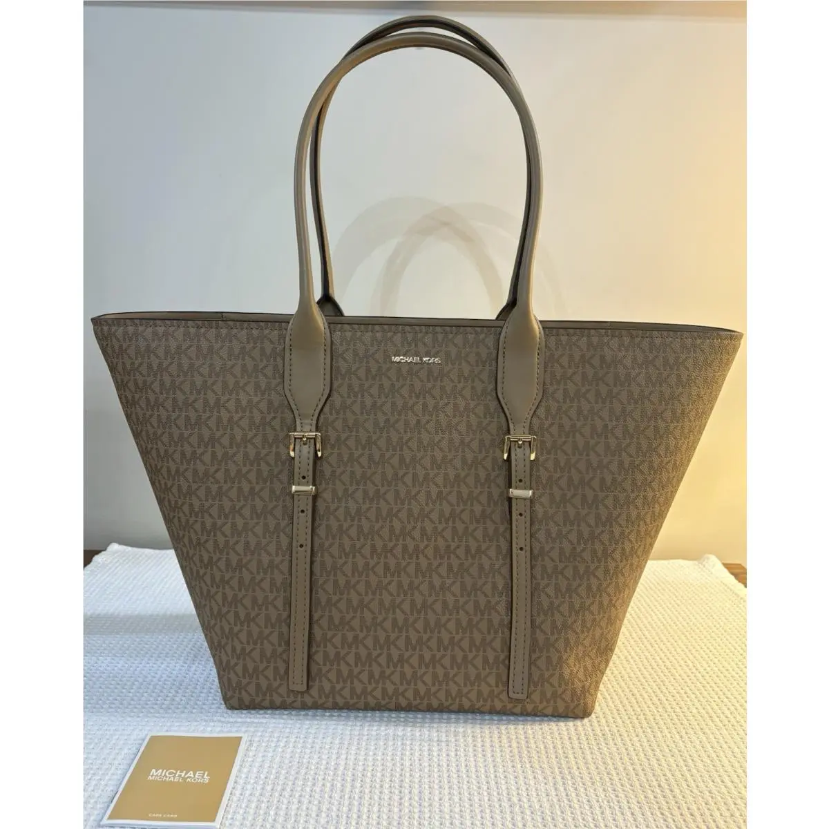 Moore Large Buckle Tote Bag In Husk Top Handle by Michael Kors
