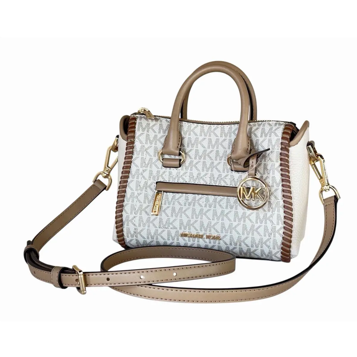 Michael Kors Carine XS Mini Top Zip Satchel Crossbody Bag MK Light Cream Multi