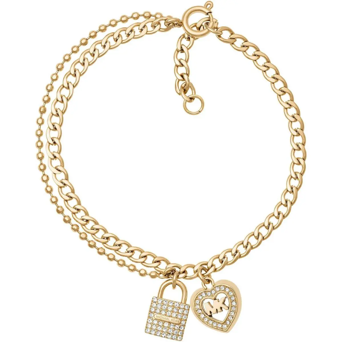 Michael Kors Gold Tone Set OF 2 Pave Crystal Heart Pad Lock Cuban Chain Bracelet