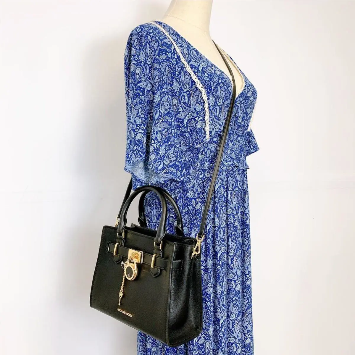 Michael Kors 35T1GHMS1L Hamilton Small Satchel Shoulder Leather Bag IN Black