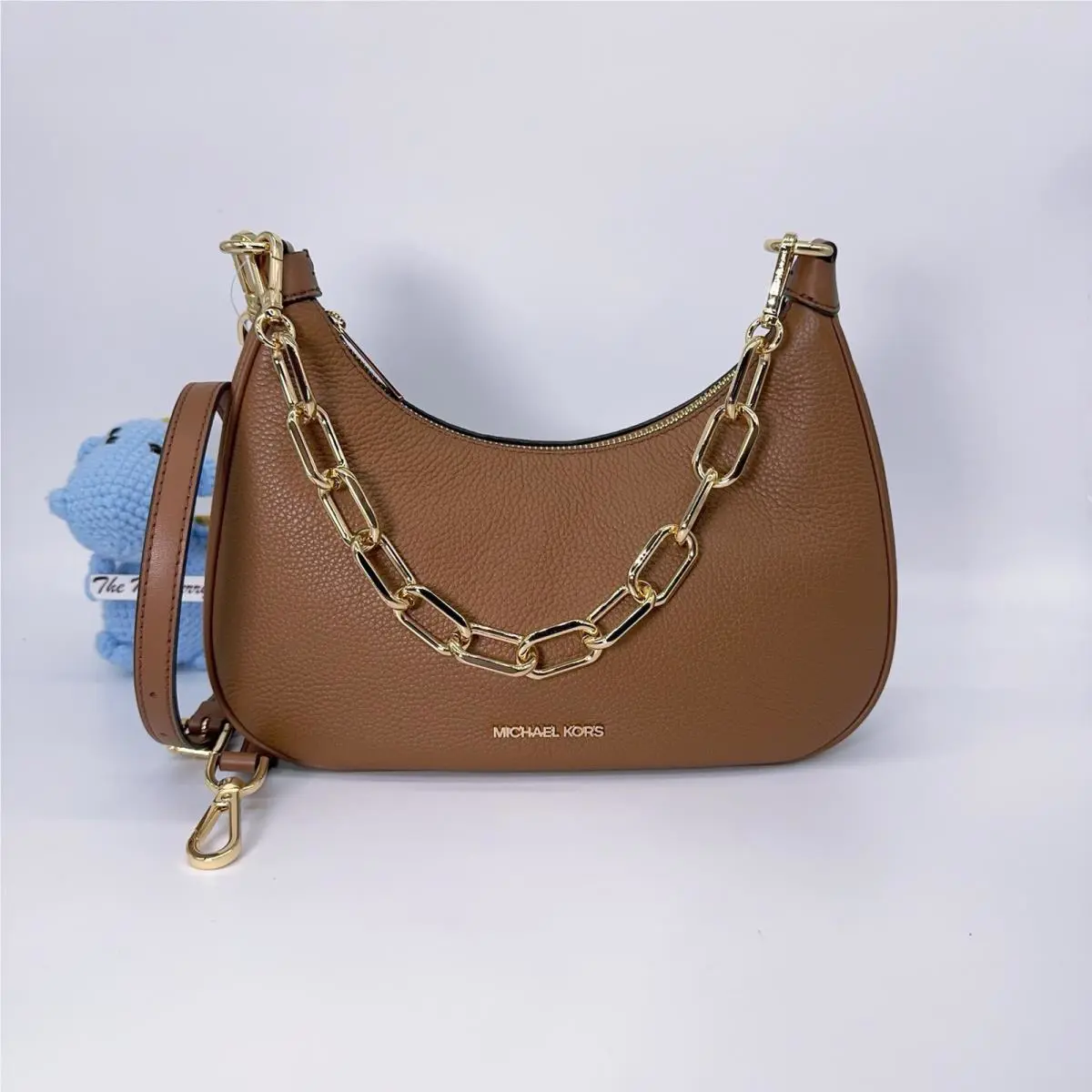 Michael Kors Cora Lg Zip Pouchette Luggage Brown Gold Chain Pebbled Leather Bag
