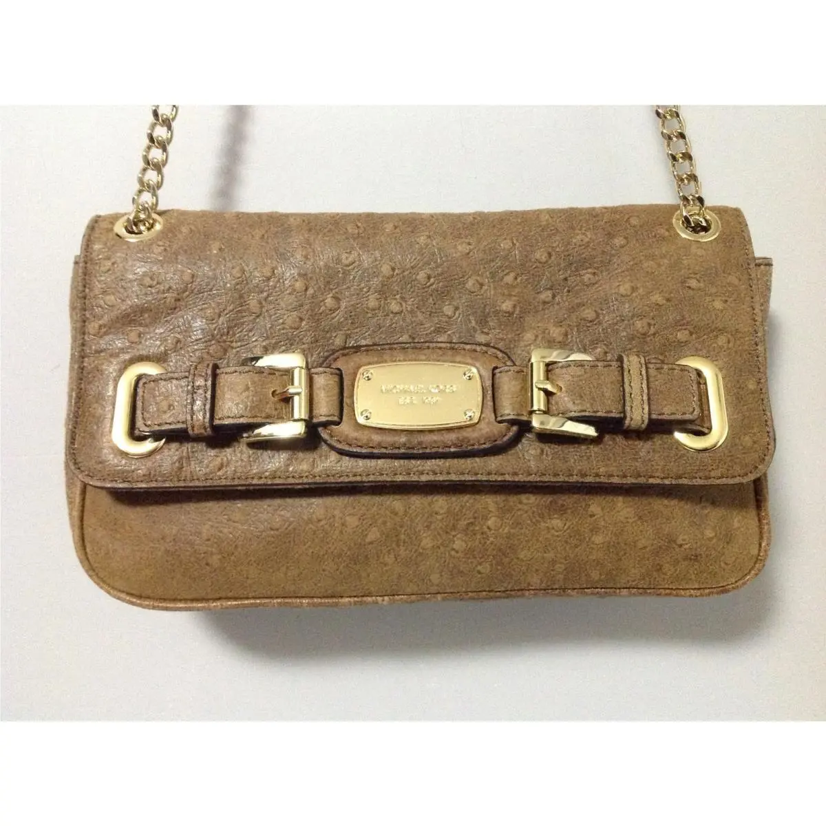 Michael Kors Hamilton Ostrich Embossed Mocha Brown Leather Small Shoulder Bag
