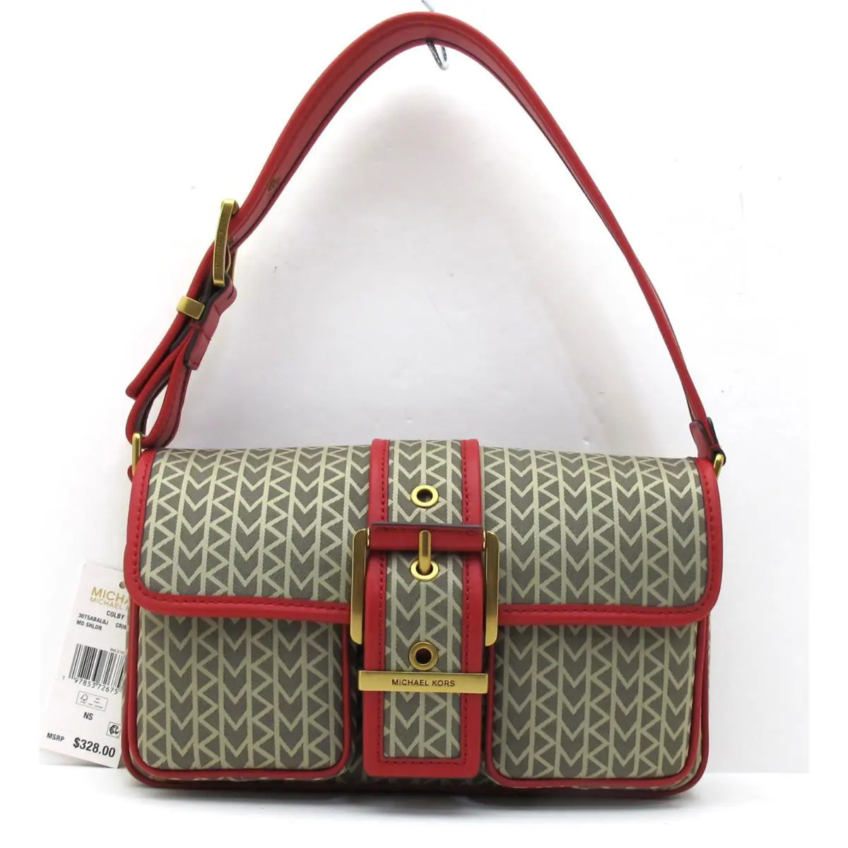 Michael Kors Colby Md Shoulder Jacquard Signature Pocket/leather Crimson Red