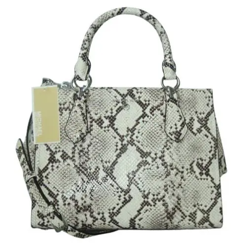 Michael Kors Marilyn Medium Snake Emb Leather Satchel Bag Purse - Exterior: QUARRY GREY, Lining: Black, Handle/Strap: QUARRY GREY