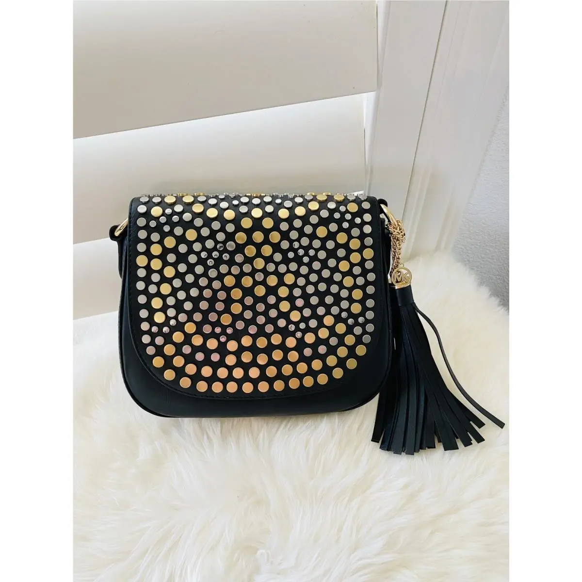 Michael Kors Jenkins Stud Brooklyn Medium Leather Saddle Bag in Black
