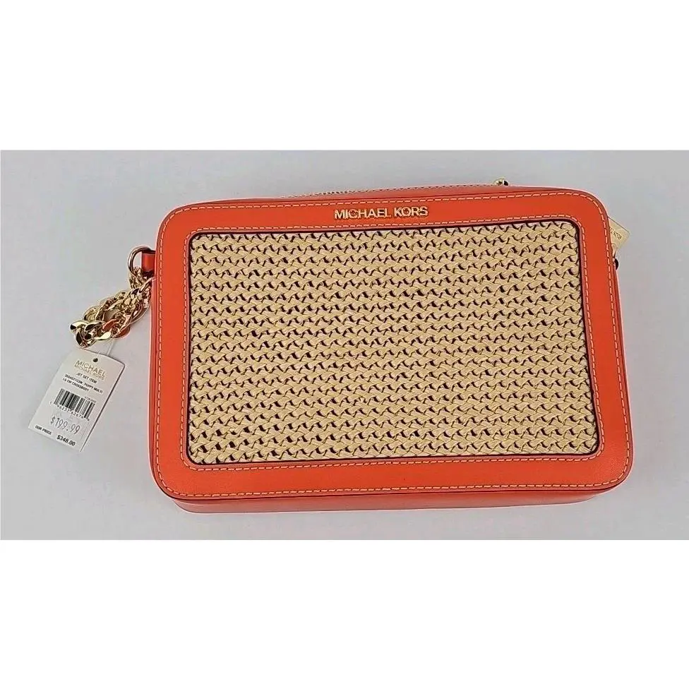 Michael Kors Jet Set Crossbody Poppy Orange Handbag Purse Woven