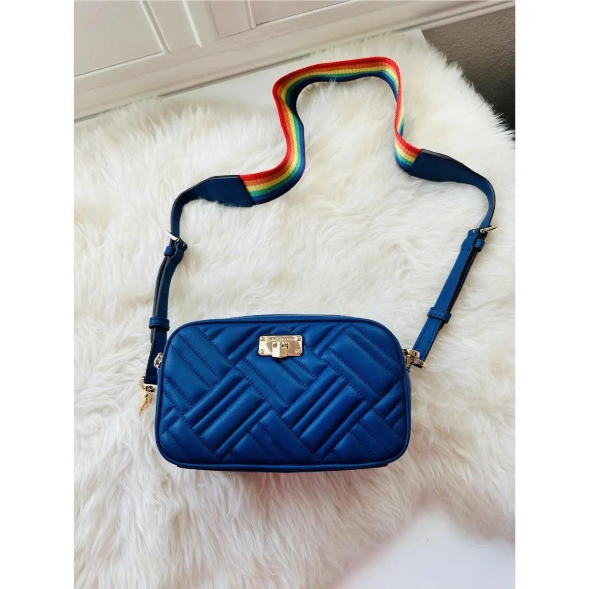 Michael Kors MK Peyton Leather Small Camera Bag IN Blue Rainbow Strap