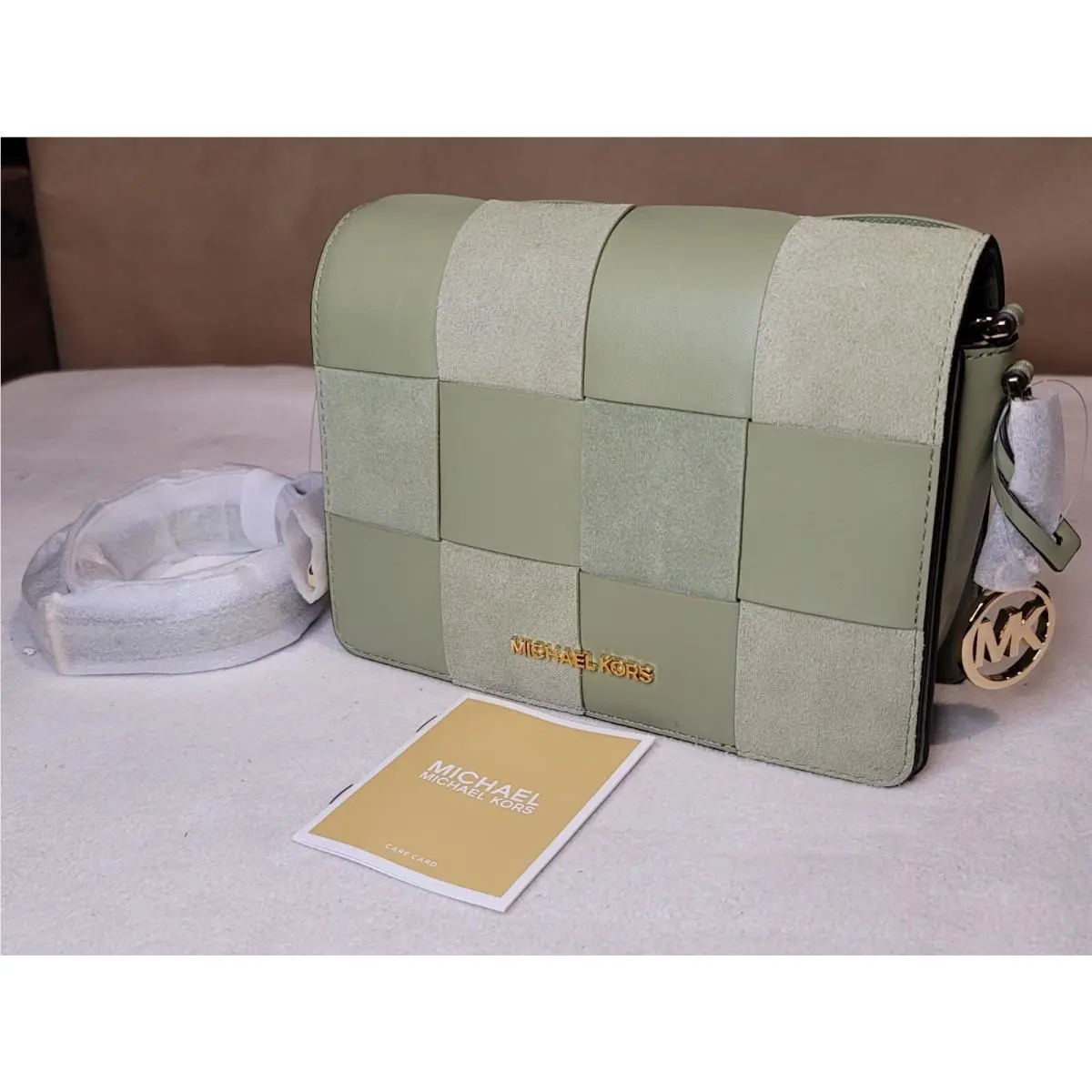 Michael Kors Mercer Small Woven Leather and Suede Crossbody Bag Sage