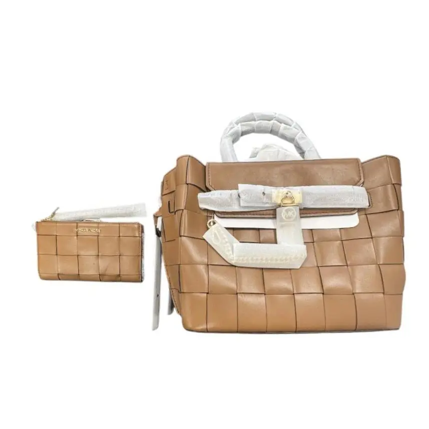 Michael Kors - Hamilton Legacy Large Woven Belted Satchel with Wristlet Rare - Handle/Strap: Brown, Hardware: Gold, Exterior: Black