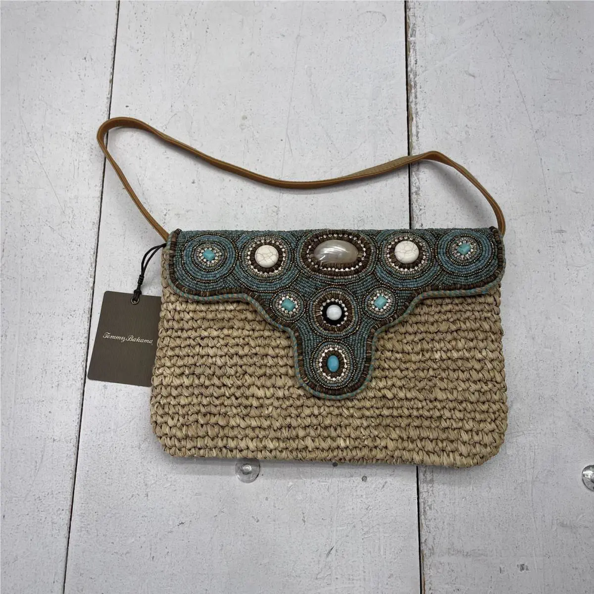 Tommy Bahama Watershore Clutch Bag Womens Small Beige Beaded Straw Leather