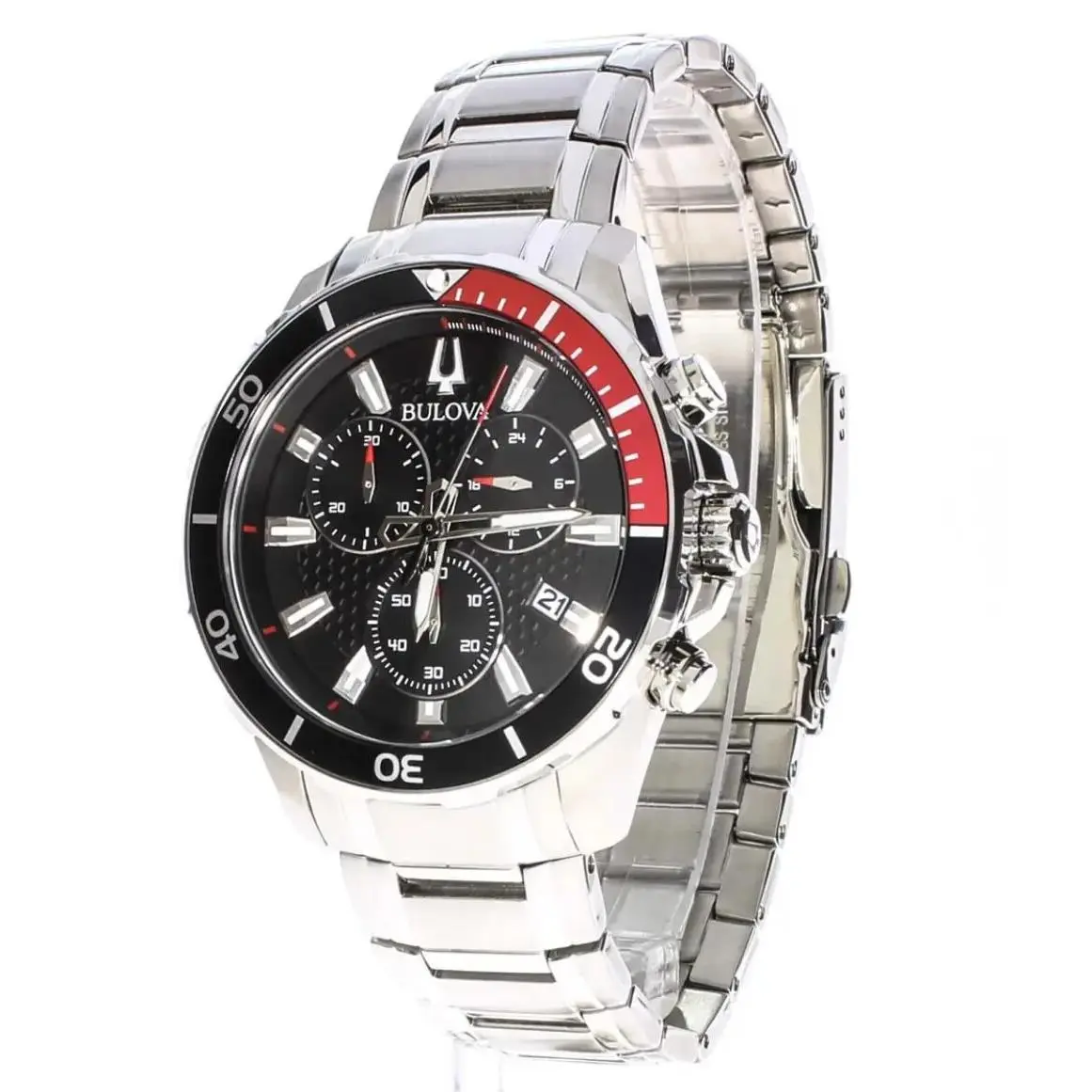 Bulova Classic Black Dial Chronograph Stainless Steel Men`s Watch 98B344 - Dial: Black, Band: Silver, Bezel: Black, Red