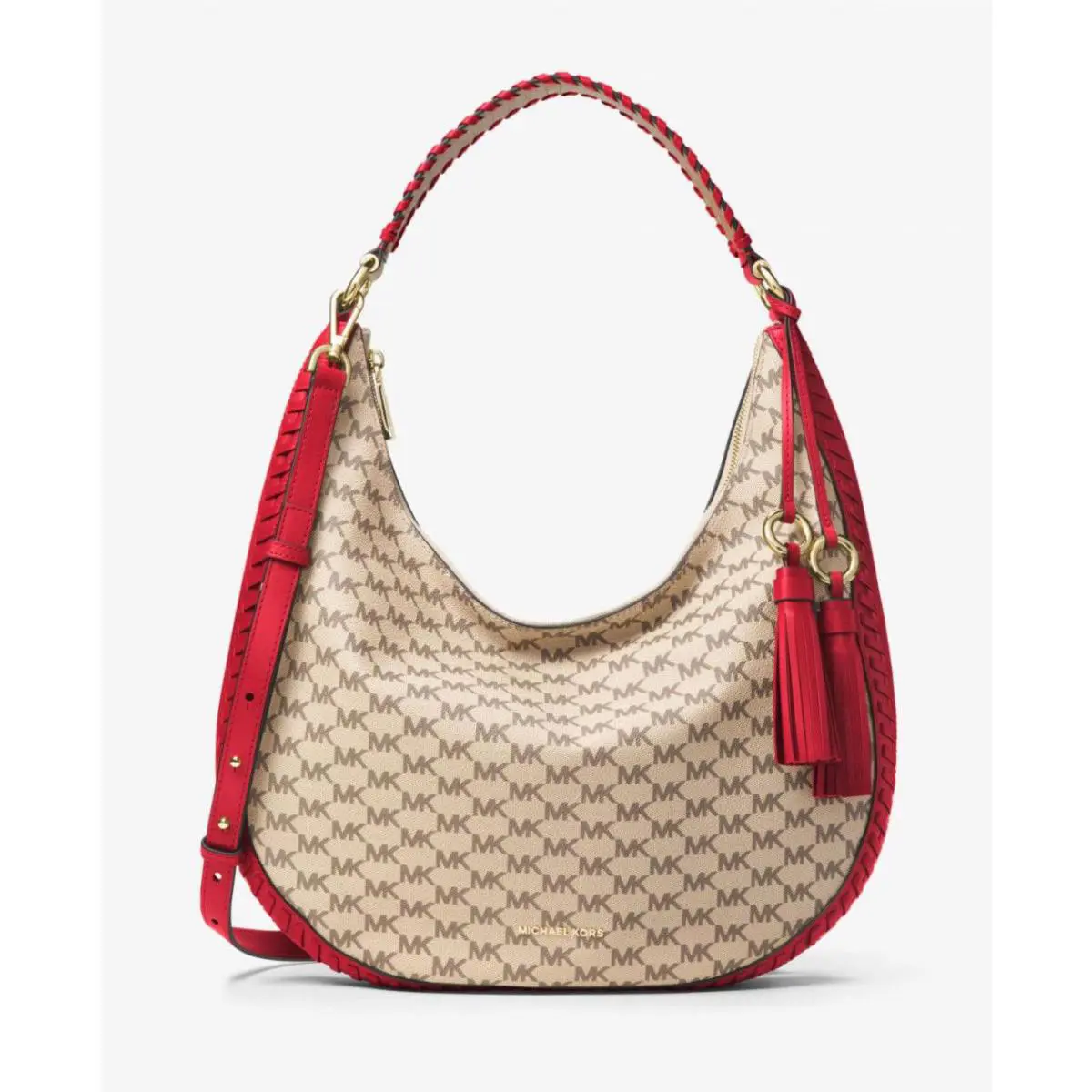 Michael Kors Lauryn Signature Natural Canvas Red Leather Large Shoulder Bag