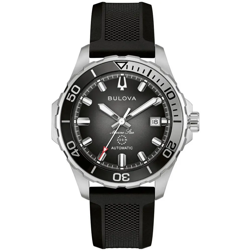 Bulova Marine Star Series B Automatic Black Dial Mens Watch 98B465 - Dial: Black, Silver, Band: Black, Bezel: Black, Silver