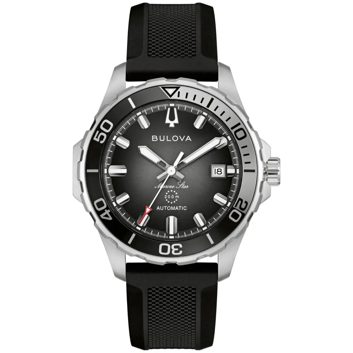 Bulova Marine Star Auto Black Dial Rubber Band Men`s Watch 98B465