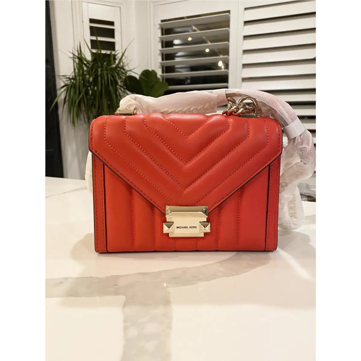 Michael Kors Whitney Quilted Small Sea Coral/gold Shoulder Bag Soft Leather