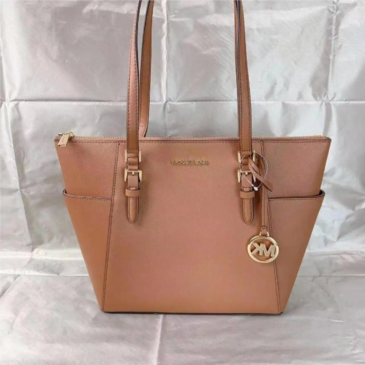 Michael Kors 35T0GCFT7L Charlotte Large Saffiano Leather Tote Bag IN Luggage