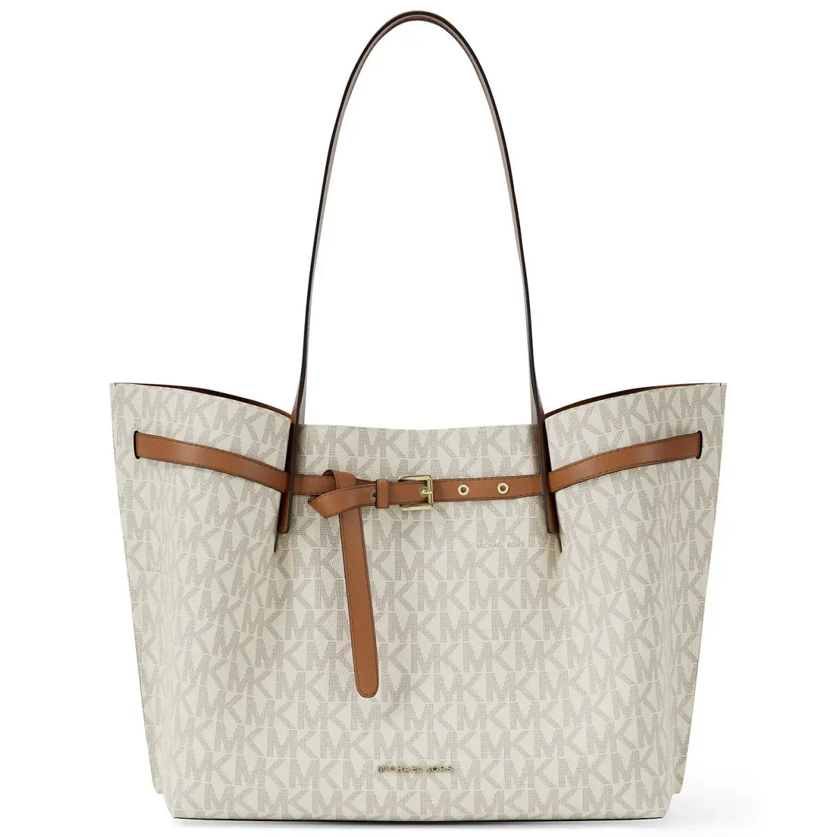 Michael Kors Emilia MK Logo Vanilla Large East West Center Zip Pocket Tote Bag