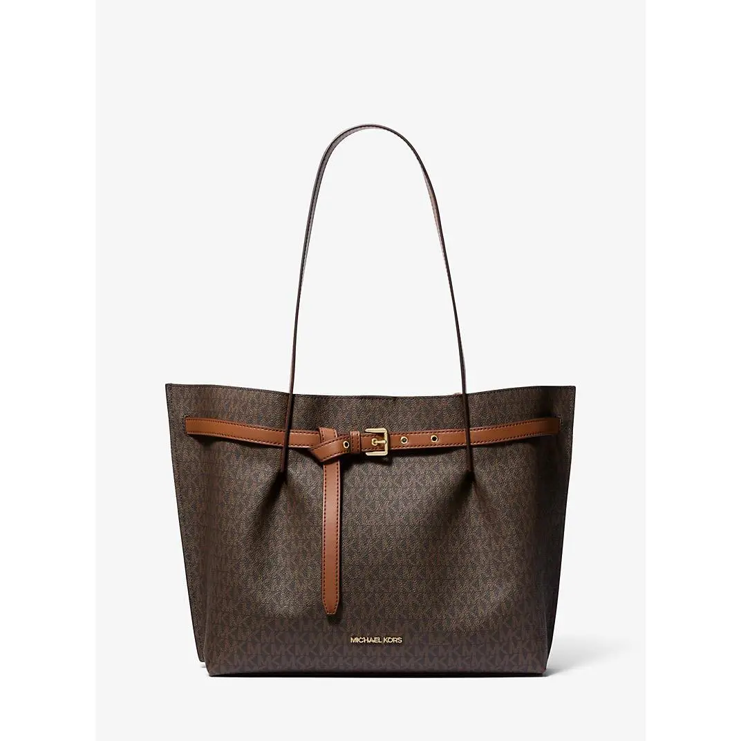 Michael Kors Emilia MK Logo Vanilla Large East West Center Zip Pocket Tote Bag