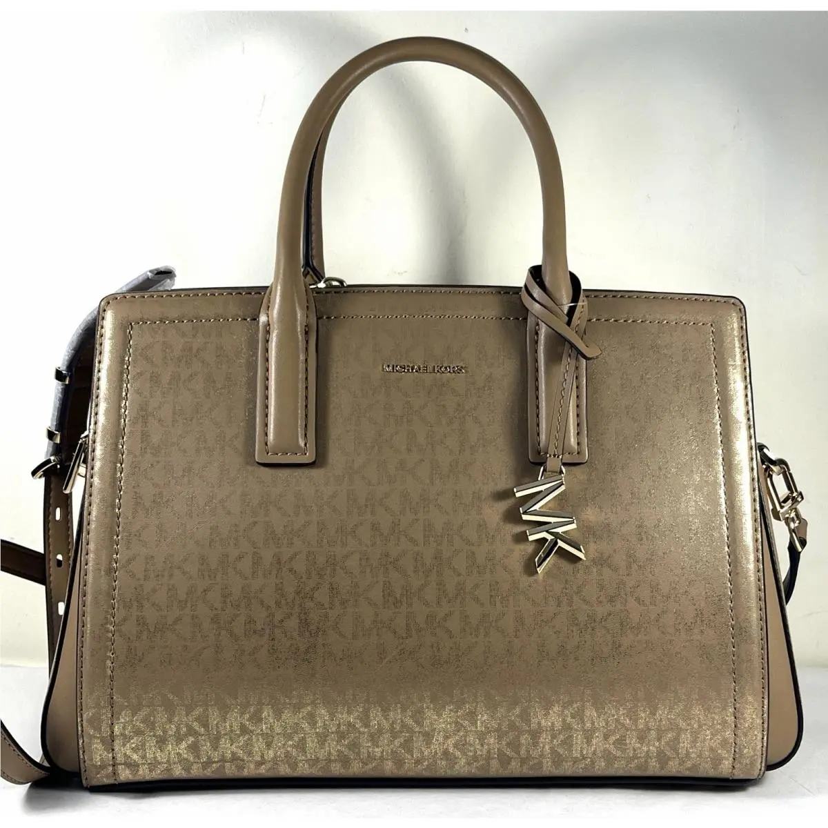 Michael Kors Laila Gold MK Signature Logo Canvas Medium Satchel Shoulder Bag