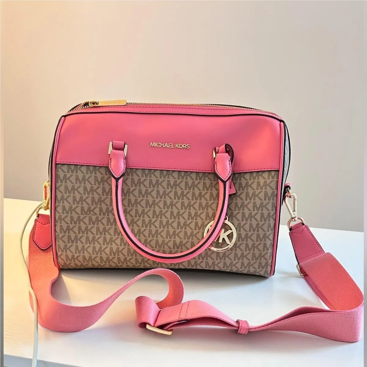 Michael Kors Pink Tan MD Duffle Travel Bag in Tea Rose